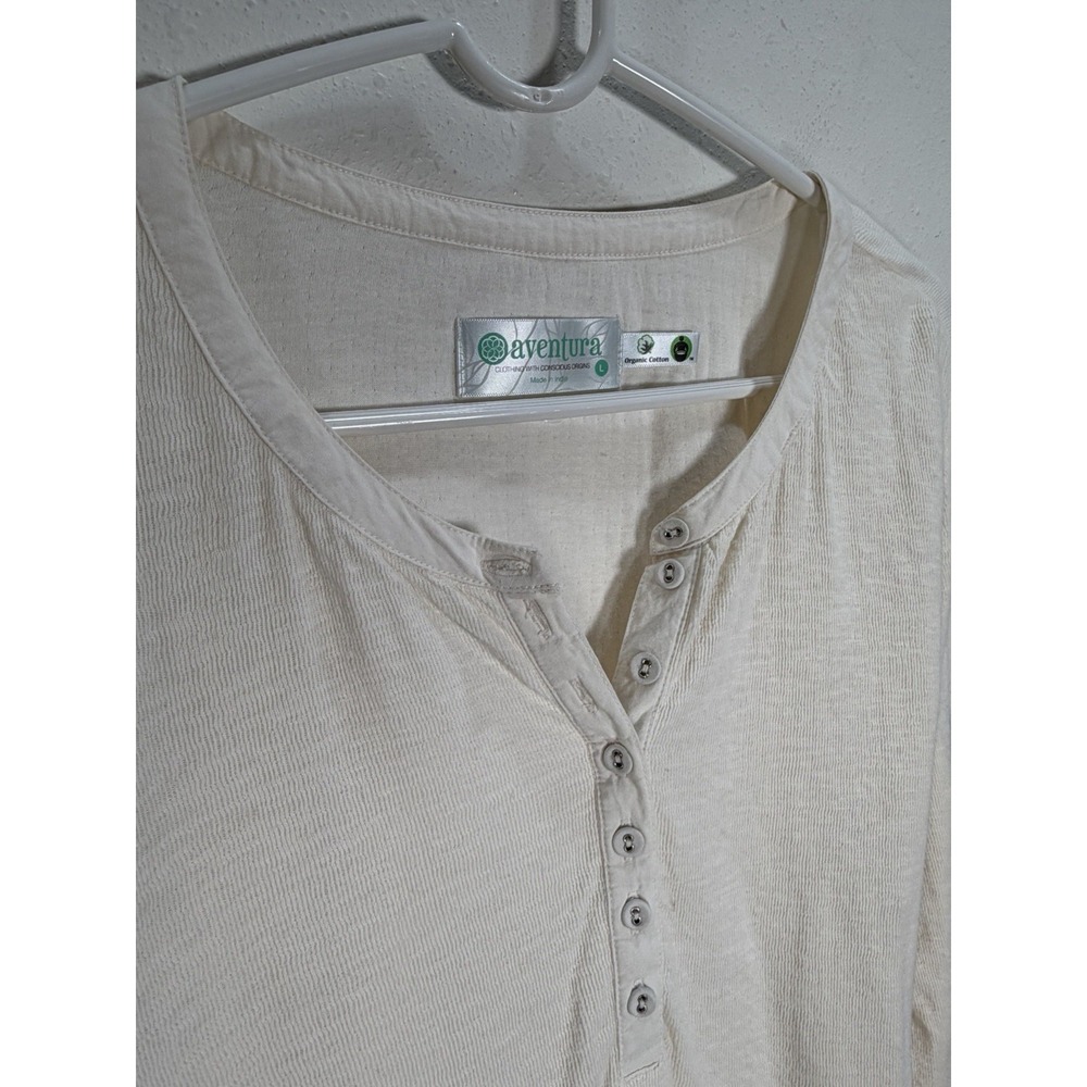 Aventura Henley Top Womens Sz L Cream Organic Floral Embroidered Boho Cottage - Picture 2 of 8